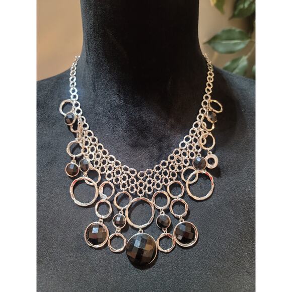 Women's Statement Necklace Silver Chain With Black Faceted Stones Lobster Lock - Picture 1 of 6